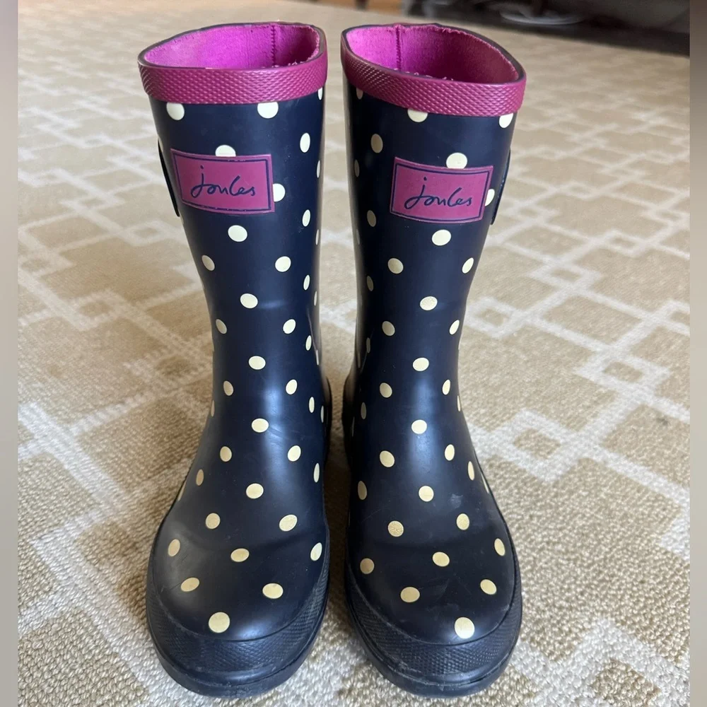 Joules Kids Waterproof Rubber Rain Boots Black Pink Yellow Polka Dot Shoes 13